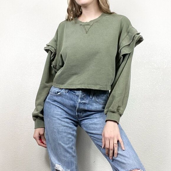 7 For All Mankind Green Ruffled Shoulder Cropped Sweatshirt - Picture 1 of 8